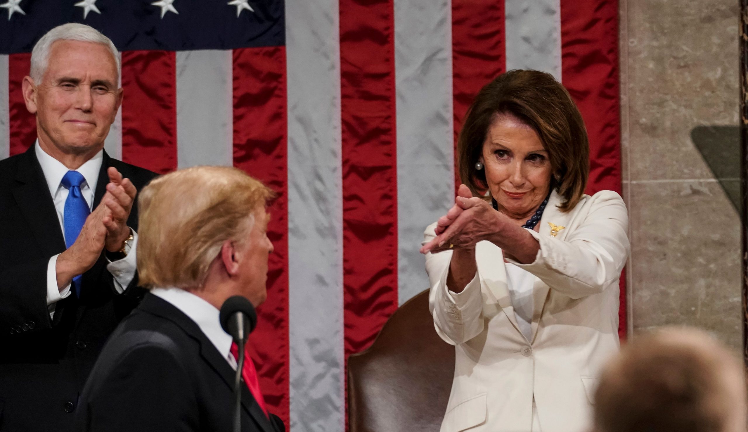 Nancy Pelosi shakes her head as Trump declares, ‘The state of the union is strong’