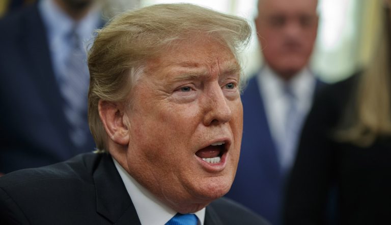President Donald Trump speaks during a signing event for "Space Policy Directive 4" in the Oval Office of the White House, Tuesday, Feb. 19, 2019, in Washington. 
