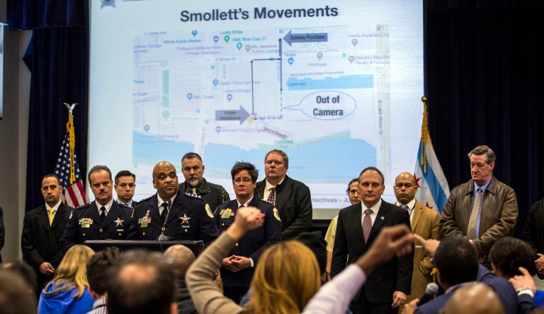 Chicago Police Supt. Eddie Johnson, fourth from left, speaks during a press conference at CPD headquarters, Thursday, Feb. 21, 2019, in Chicago, after actor Jussie Smollett turned himself in on charges of disorderly conduct and filing a false police report.