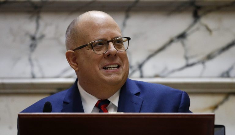 In this Jan. 30, 2019, photo Maryland Gov. Larry Hogan delivers his annual State of the State address to a joint session of the legislature in Annapolis, Md. 