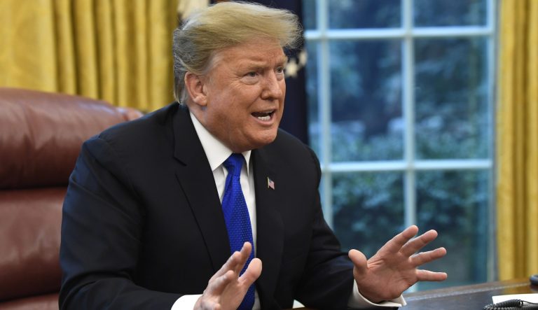 President Donald Trump speaks during his meeting with Chinese Vice Premier Liu He in the Oval Office of the White House in Washington, Friday, Feb. 22, 2019. 