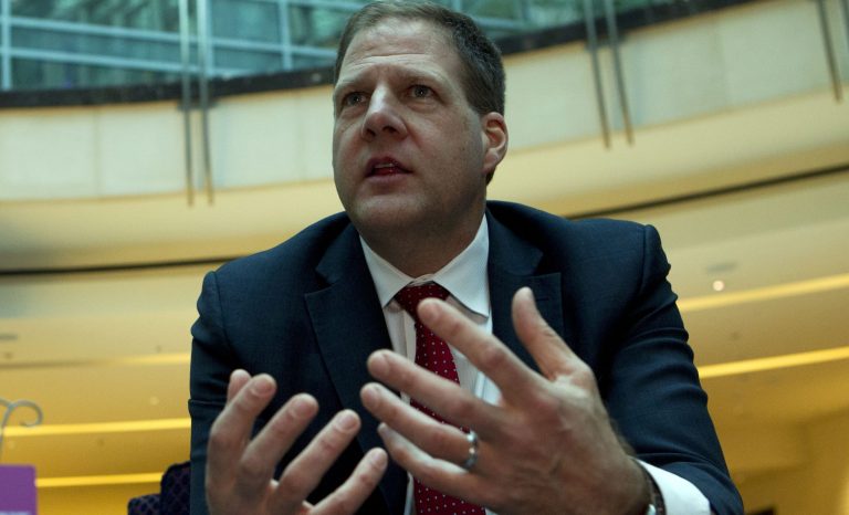 New Hampshire Gov. Chris Sununu speaks during an interview during the National Governors Association 2019 winter meeting in Washington, Saturday, Feb. 23, 2019. 