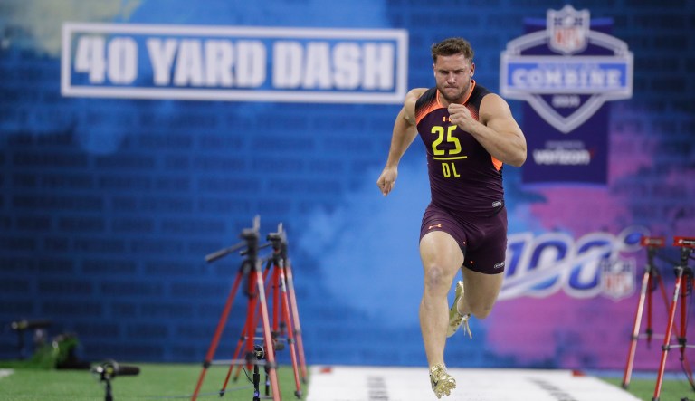 Ohio State defensive lineman Nick Bosa runs the 40-yard dash during the NFL football scouting combine.