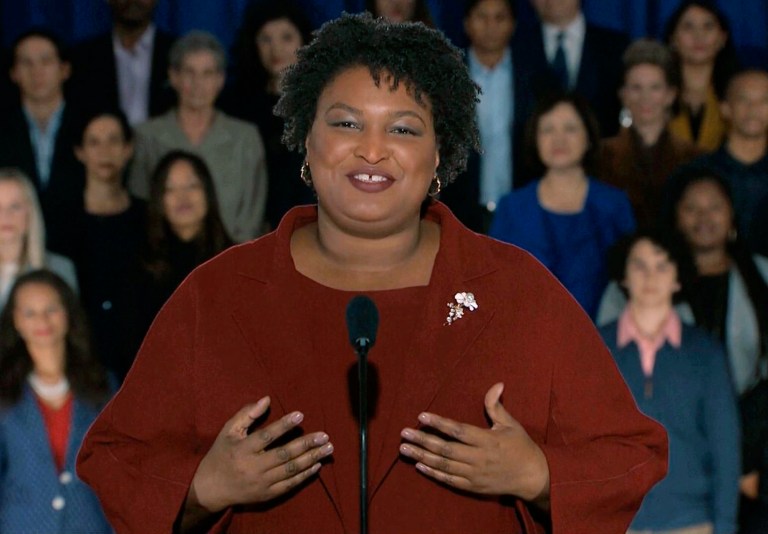 In this pool image from video, Stacey Abrams delivers the Democratic party's response to President Donald Trump's State of the Union address, Tuesday, Feb. 5, 2019 from Atlanta. 