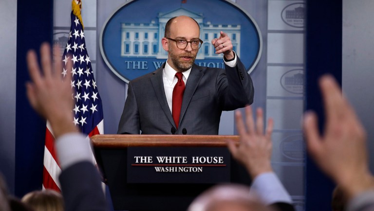 Acting OMB Director Russ Vought speaks during a press briefing at the White House.
