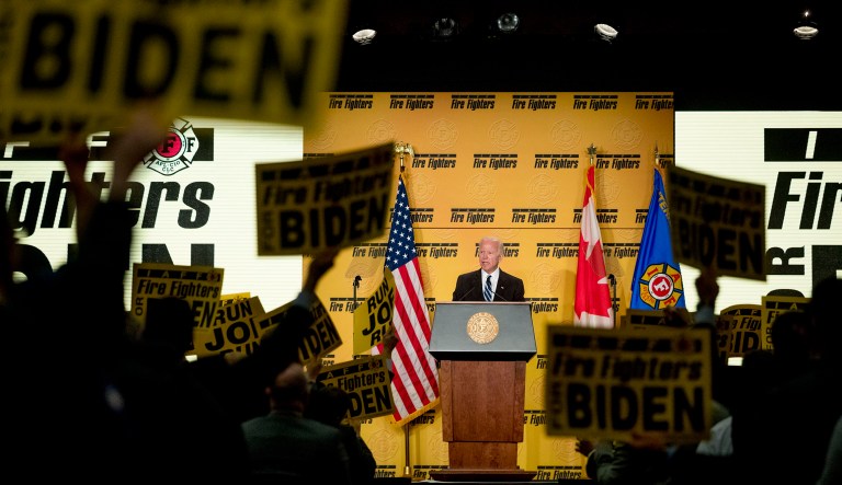 Former Vice President Joe Biden speaks to the International Association of Firefighters at the Hyatt Regency on Capitol Hill in Washington, Tuesday, March 12, 2019, amid growing expectations he'll soon announce he's running for president.