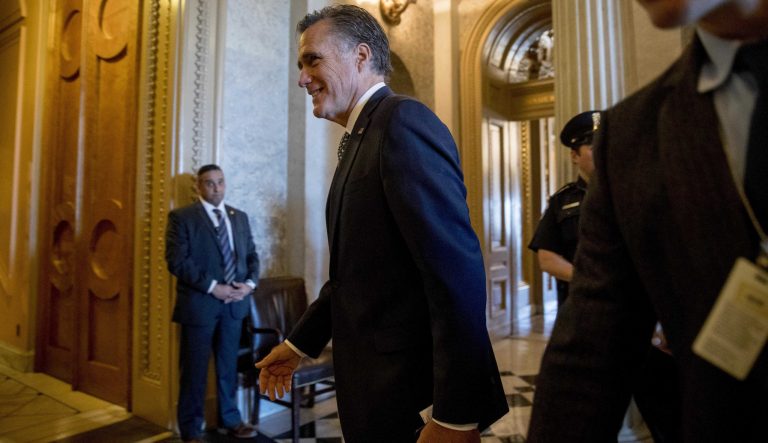 Sen. Mitt Romney, R-Utah, arrives for a Senate policy luncheon on Capitol Hill in Washington, Tuesday, March 12, 2019. 