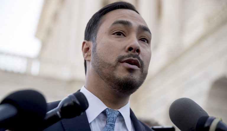 Rep. Joaquin Castro, D-Texas, speaks to reporters outside the Senate on Capitol Hill in Washington, Thursday, March 14, 2019.