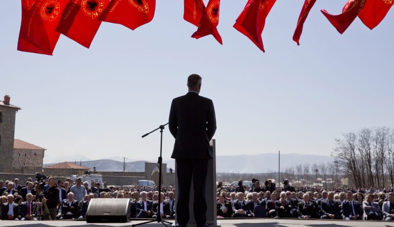 Kosovo president Hashim Thaci addresses the crowd gathered during the 20th anniversary of the NATO bombing in the village of Glogjan, Kosovo on Sunday, March 24, 2019. 