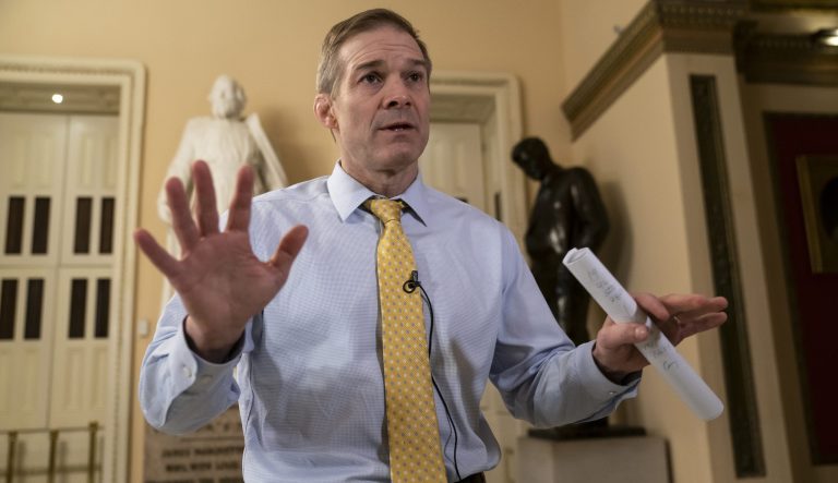 Rep. Jim Jordan, R-Ohio, the top Republican on the Democrat-controlled House Oversight and Reform Committee, speaks to The Associated Press at the Capitol in Washington, Monday, March 25, 2019. 