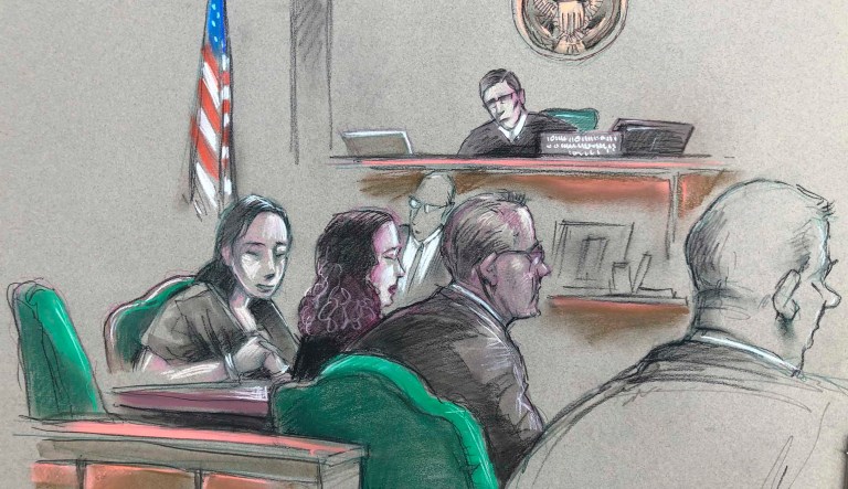 In this artist sketch, a Chinese woman, Yujing Zhang, left, listens to a hearing Monday, April 8, 2019, before federal Magistrate Judge William Matthewman in West Palm Beach, Fla.