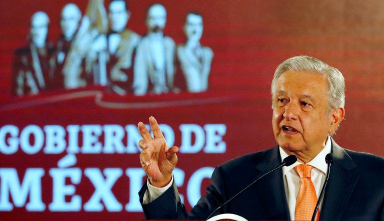 Mexican President Andres Manuel Lopez Obrador speaks to the media.