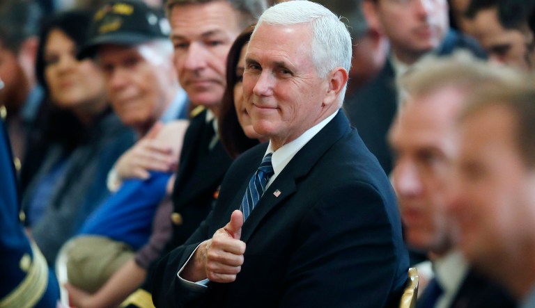 Vice President Mike Pence gives a thumbs up at a Wounded Warrior Project Soldier Ride event in the East Room of the White House, Thursday, April 18, 2019, in Washington.
