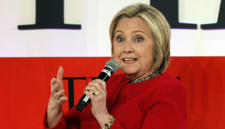 Hillary Clinton speaks during the TIME 100 Summit, in New York, Tuesday, April 23, 2019. 