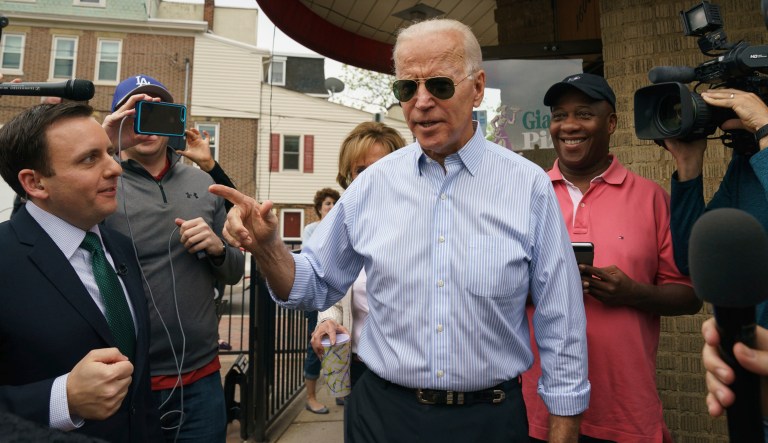 Democratic presidential candidate and former Vice President Joe Biden speaks outside of Gianni's Pizza, in Wilmington Del., Thursday, April 25, 2019.