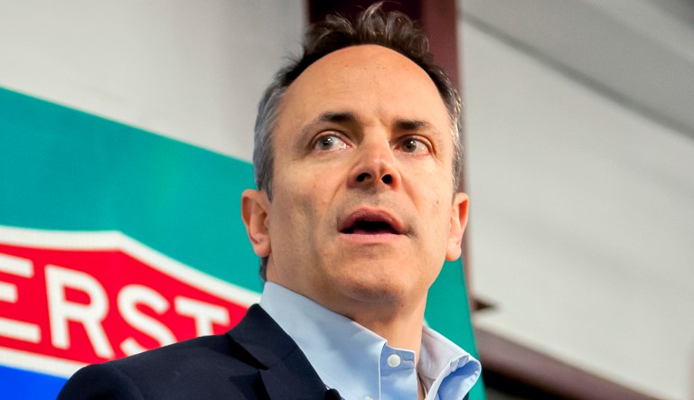 In this March 26, 2019 photo, Kentucky Gov. Matt Bevin speaks with the media during an event in Bowling Green, Ky. 