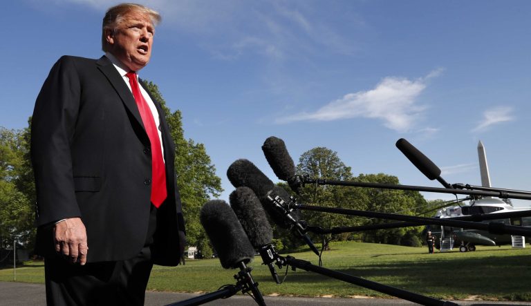 President Donald Trump speaks to the media outside the White House about a shooting at a synagogue in Poway, Calif., Saturday April 27, 2019, as he leaves Washington en route to Wisconsin. 