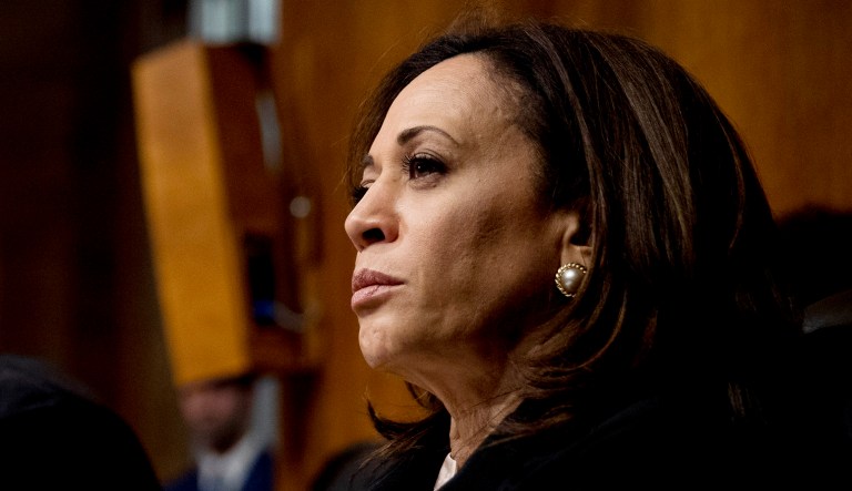 Sen. Kamala Harris, D-Calif., right, listens as Attorney General William Barr testifies during a Senate Judiciary Committee hearing on Capitol Hill in Washington, D.C.