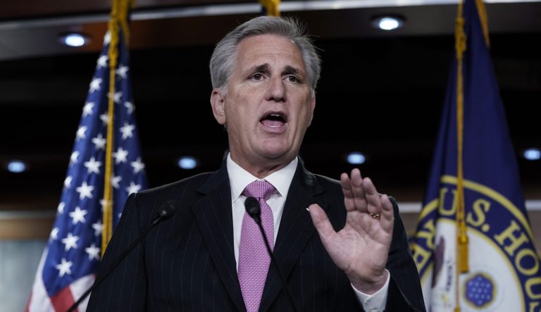 House Republican Leader Kevin McCarthy, D-Calif., speaks to the media at a news conference on Capitol Hill in Washington, Thursday, May 2, 2019. 