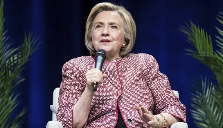 Former U.S. Secretary of State Hillary Clinton, speaks during a question and answer conversation with her husband, former U.S. President Bill Clinton, as part of their North American tour in Vancouver, British Columbia, on Thursday, May 2, 2019. 