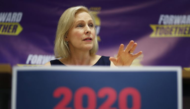 Democratic presidential candidate Sen. Kirsten Gillibrand speaks at a campaign event at a Service Employees International Union office Monday, May 6, 2019, in Las Vegas. 