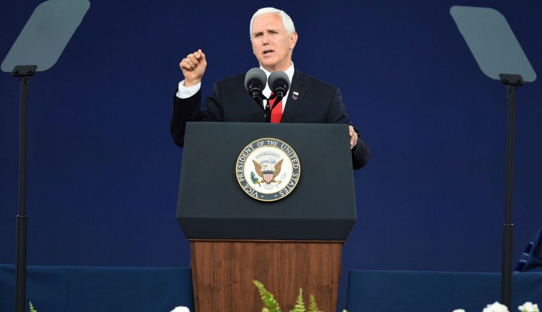 Vice President Mike Pence speaks at the Liberty University commencement ceremony in Lynchburg, Va., on Saturday, May 11, 2019. 