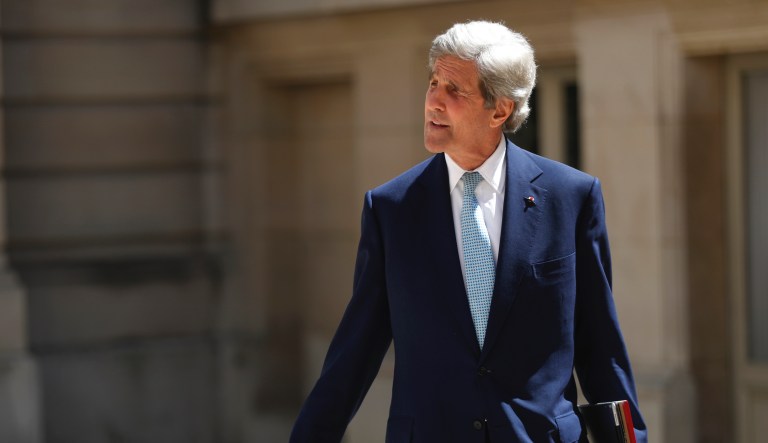 Former Secretary of State John Kerry arrives at the Tech for Good summit, Wednesday, May 15, 2019 in Paris. 