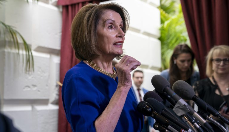 Speaker of the House Nancy Pelosi, D-Calif., responds to reporters as she departs after meeting with all the House Democrats, many calling for impeachment proceedings against President Donald Trump after his latest defiance of Congress by blocking his former White House lawyer from testifying yesterday, at the Capitol in Washington, Wednesday, May 22, 2019. 