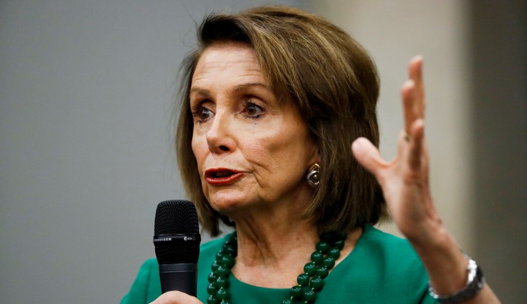 In this May 24, 2019 photo, Speaker of the House Nancy Pelosi, D-Calif., speaks during a panel discussion at Delaware County Community College in Media, Pa.
