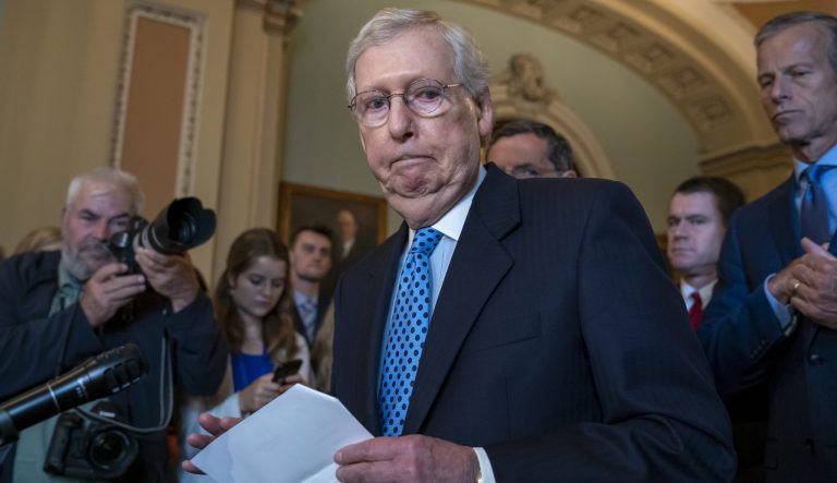 Senate Majority Leader Mitch McConnell, R-Ky., during a news conference at the Capitol in Washington, Tuesday, June 18, 2019. 