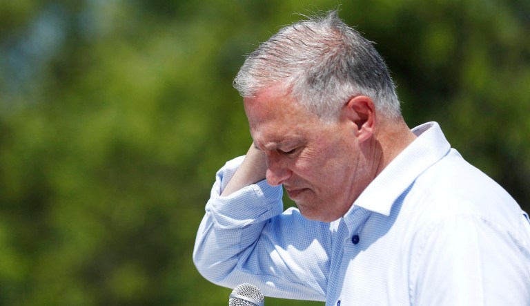 Democratic presidential candidate Washington Gov. Jay Inslee speaks during a news conference.