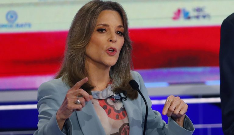 Democratic presidential candidate author Marianne Williamson speaks during the Democratic primary debate hosted by NBC News at the Adrienne Arsht Center for the Performing Arts, Thursday, June 27, 2019, in Miami. 