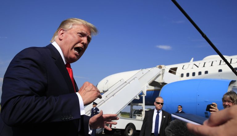 President Donald Trump speaks at Morristown Municipal Airport in Morristown, N.J., on their way returning back to the White House Sunday, July 7, 2019. 