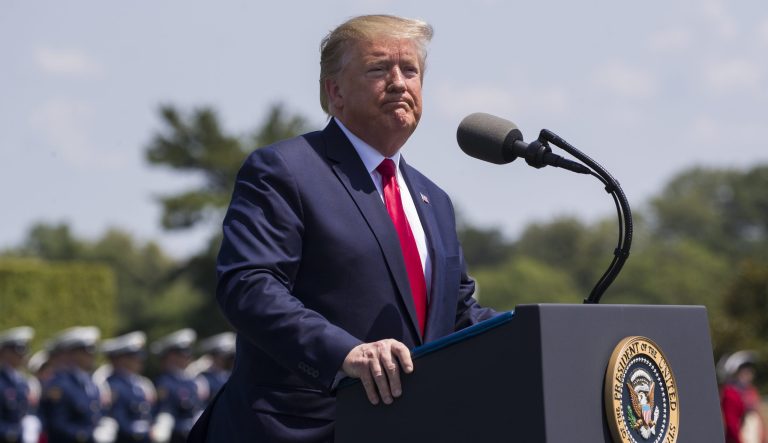 President Donald Trump speaks during a full honors welcoming ceremony for Secretary of Defense Mark Esper at the Pentagon, Thursday, July 25, 2019, in Washington.
