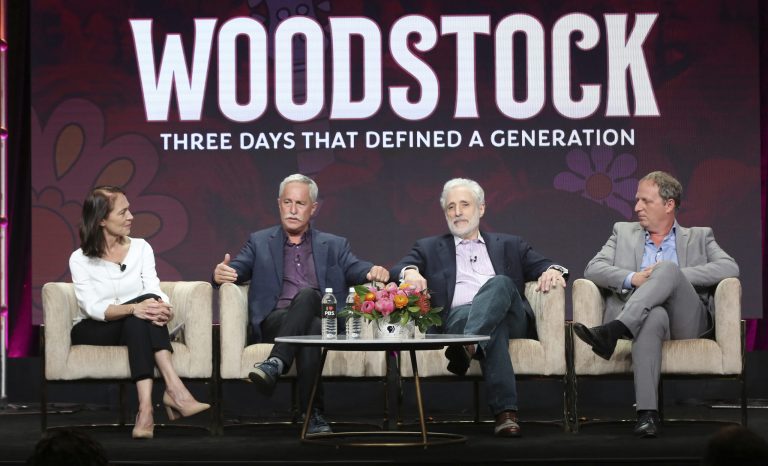 Senior producer Susan Bellows, from left, author Joel Makower, Joel Rosenman, co-producer of the 1969 Woodstock festival, and director/writer/producer Barak Goodman participate in PBS's "Woodstock" panel at the Television Critics Association Summer Press Tour on Tuesday, July 30, 2019, in Beverly Hills, Calif. 