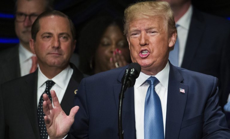 In this Wednesday, July 10, 2019 photo, President Donald Trump speaks about kidney health, accompanied by Health and Human Services Secretary Alex Azar, left, in Washington.