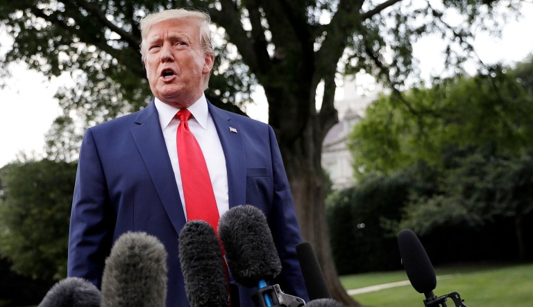President Trump talks to the media in Washington.
