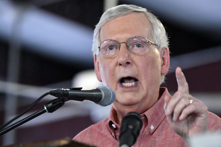 In this Saturday, Aug. 3, 2019 photo, Senate Majority Leader Mitch McConnell, R-Ky., addresses the audience gathered at the Fancy Farm Picnic in Fancy Farm, Kentucky.