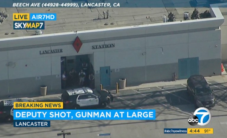 This photo taken from video provided by KABC-TV shows the outside of a Los Angeles County sheriff's station in Lancaster, California, on Wednesday, Aug. 21, 2019. 