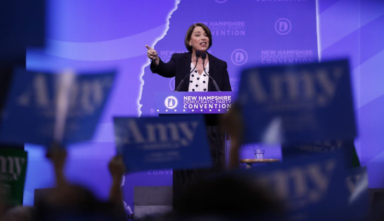 Democratic presidential candidate Sen. Amy Klobuchar, D-Minn., speaks during the New Hampshire state Democratic Party convention, Saturday, Sept. 7, 2019, in Manchester, NH. 