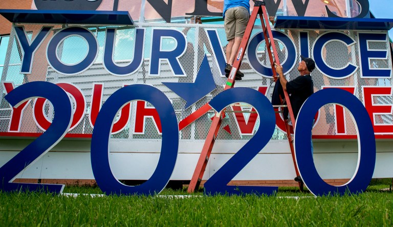 Setup continues on the campus of Texas Southern University for Thursday's Democratic Party debate in Houston, Wednesday, Sept. 11, 2019.