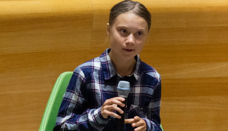 Swedish environmental activist Greta Thunberg, speaks to guests during the Youth Climate Summit at United Nations headquarters, Saturday, Sept. 21, 2019. Â 
