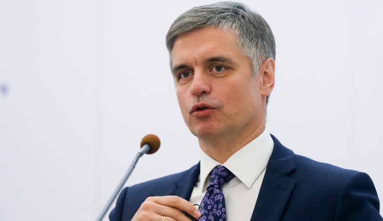 Ukrainian Foreign Minister Vadym Prystaiko speaks during a joint new conference with Latvian Foreign Minister Edgars Rinkevics following their talks in Kyiv, Ukraine, Monday, Oct. 7, 2019. 