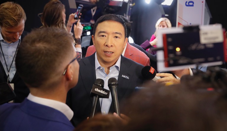 Democratic presidential candidate entrepreneur Andrew Yang speaks during an interview following a Democratic presidential primary debate hosted by CNN/New York Times at Otterbein University, Tuesday, Oct. 15, 2019, in Westerville, Ohio.