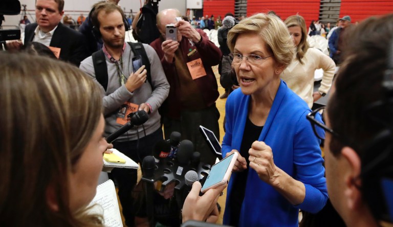 Democratic presidential candidate Sen. Elizabeth Warren, D-Mass., speaks to members of the media at a campaign event, Tuesday, Oct. 29, 2019, in Laconia, N.H.