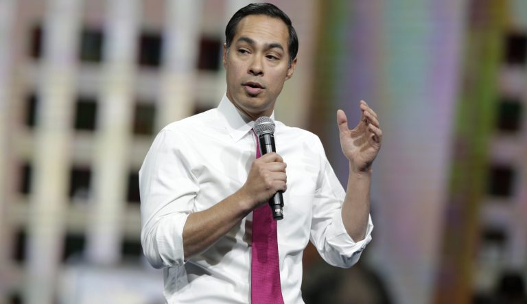 Democratic presidential candidate former U.S. Secretary of Housing and Urban Development Julian Castro speaks during the Iowa Democratic Party's Liberty and Justice Celebration, Friday, Nov. 1, 2019, in Des Moines, Iowa. 