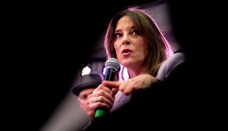 Democratic presidential candidate Marianne Williamson speaks at a the Faith, Politics and the Common Good Forum at Franklin Jr. High School, Thursday, Jan. 9, 2020, in Des Moines, Iowa. 