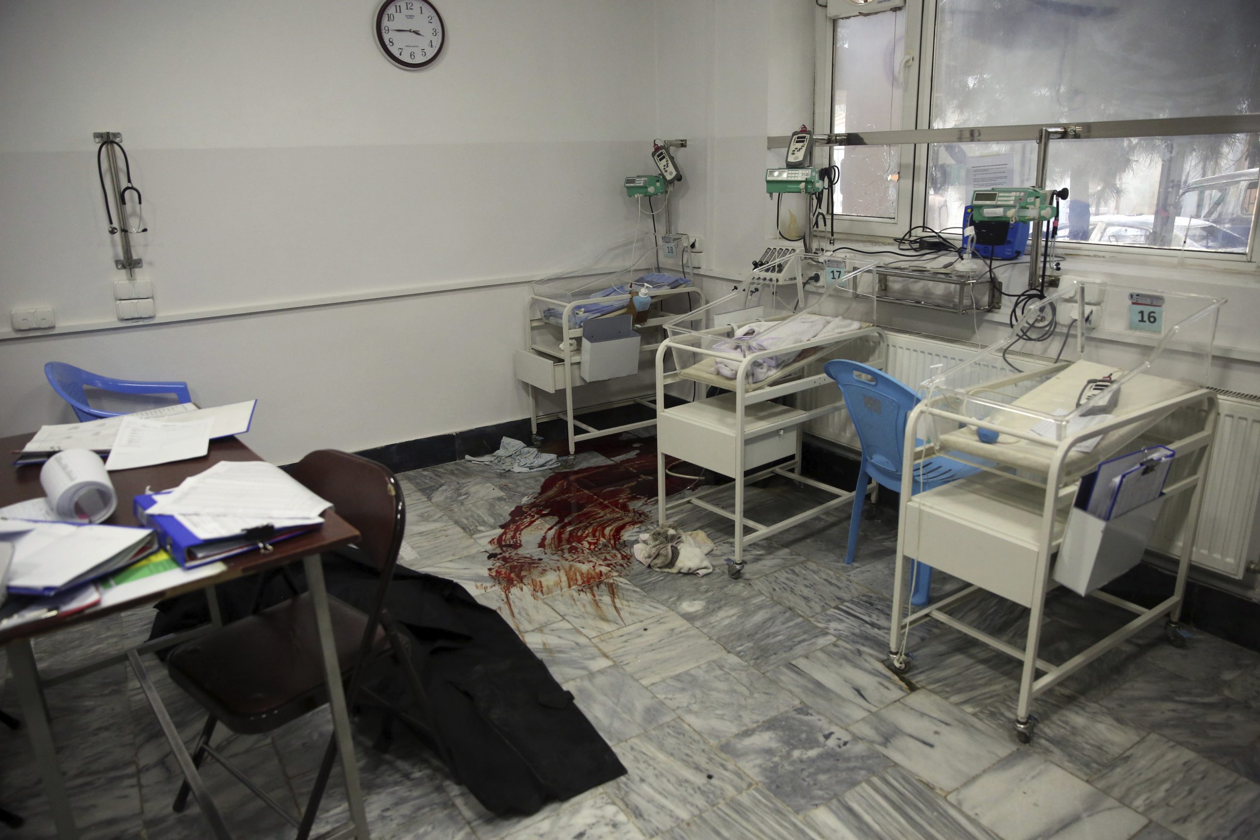Blood stains the floor of a maternity hospital after gunmen attacked in Kabul, Afghanistan, on Tuesday.