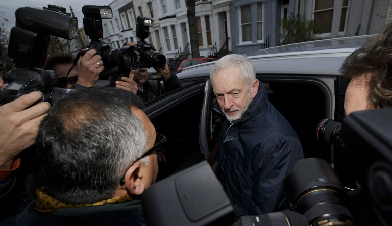 Britain's Labour Party leader Jeremy Corbyn leaves his home in London.