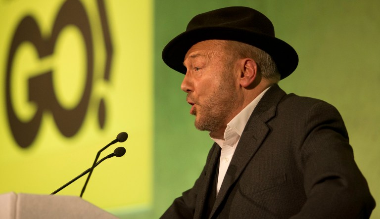 Unannounced mystery guest speaker British politician George Galloway makes a speech at a rally held by the Grassroots Out (GO), anti-EU campaign group at the Queen Elizabeth II conference centre in London, held to coincide with the EU summit in Brussels, Friday, Feb. 19, 2016.